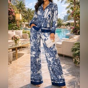 2-Piece Animal Print Italian Satin Button Down Shirt and Wide Leg Pants OS